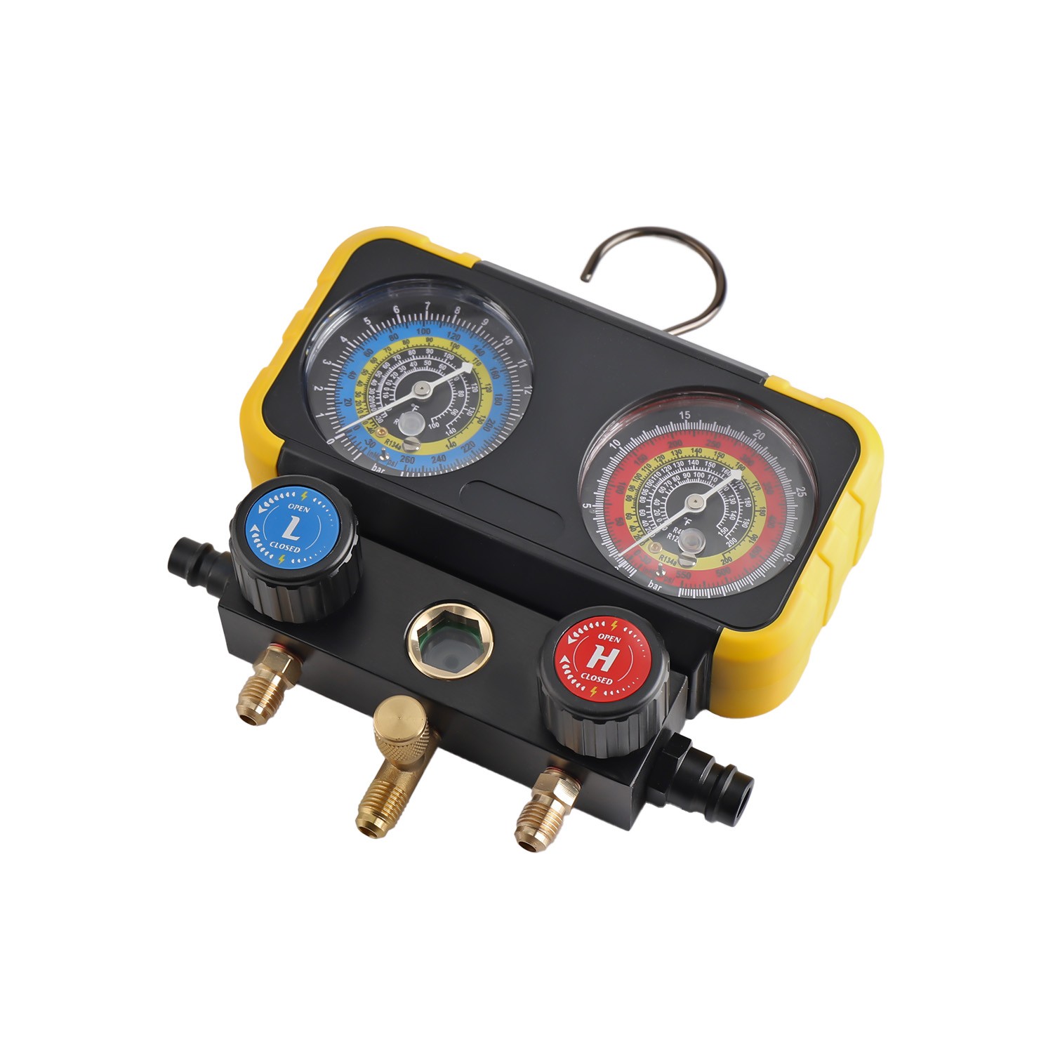 HVAC AC 3‑Way Manifold Gauge Set w/ 5ft Hoses R1234yf R404a R134a Refrigeration