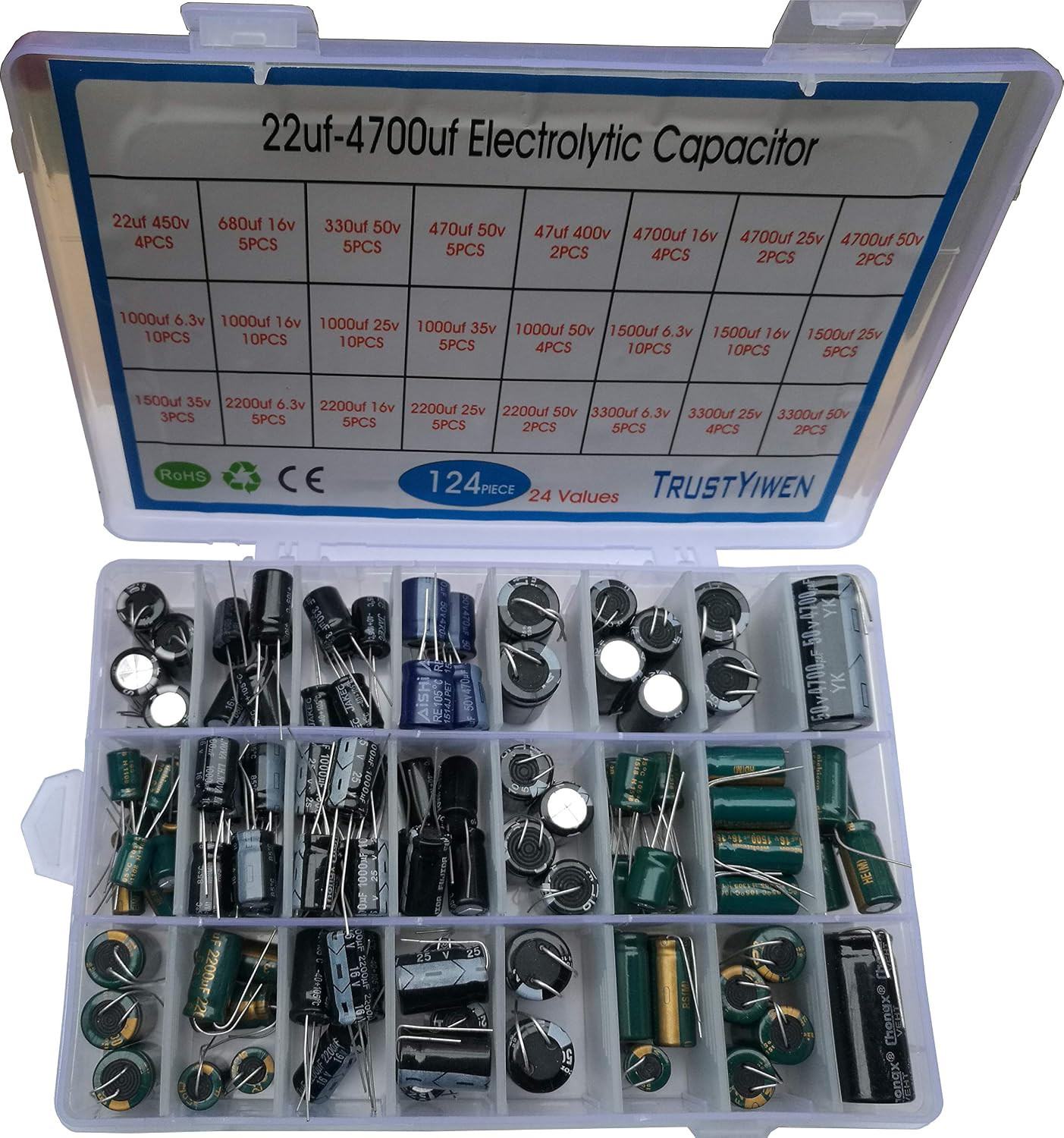 124Pcs Electrolytic Capacitor Assortment Box Kit – 22Uf-4700Uf (6.3V-450V) – rou