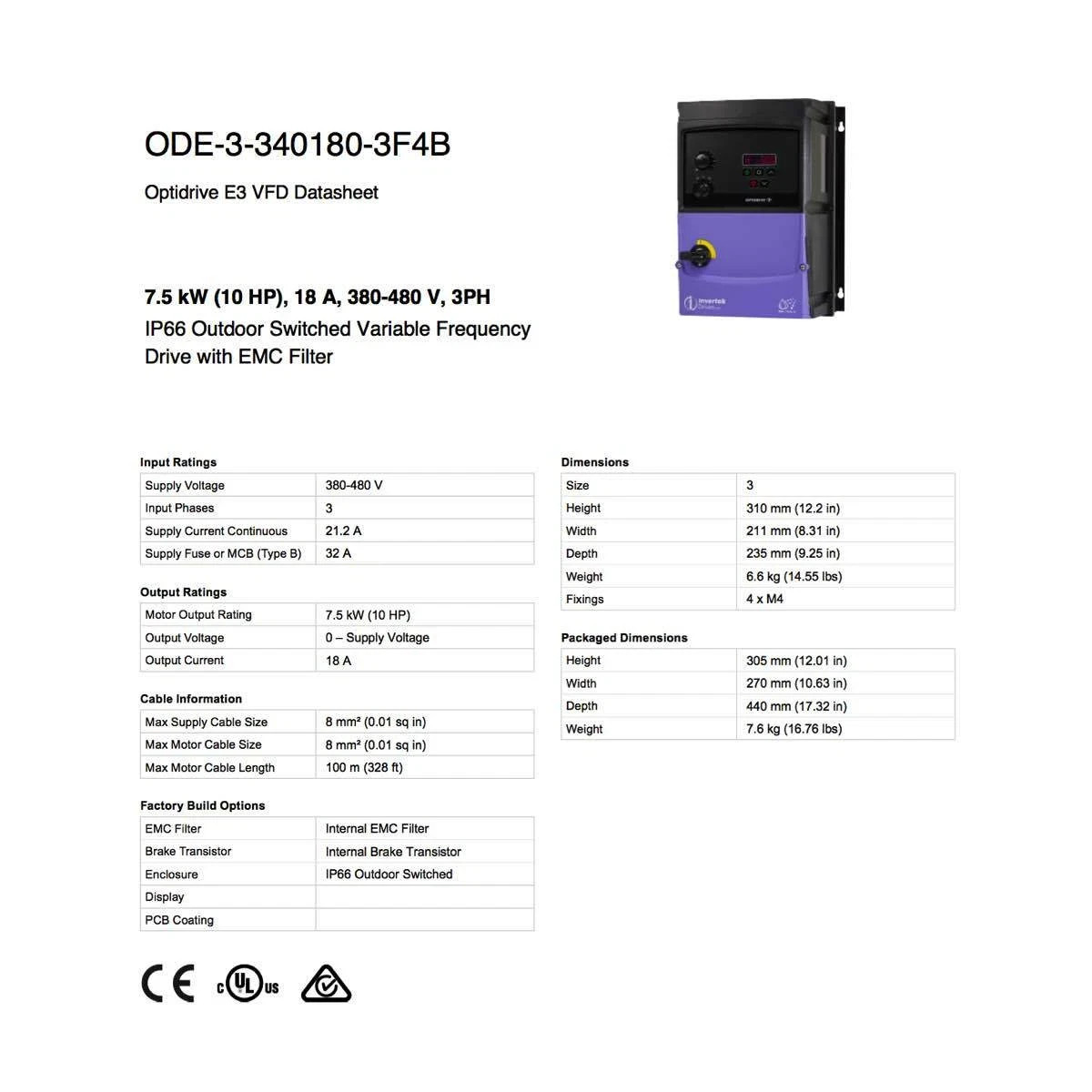 ODE-3-340180-3F4B Invertek VFD 10HP 18A 380V-480V 3Ph/3Ph VFDexchange