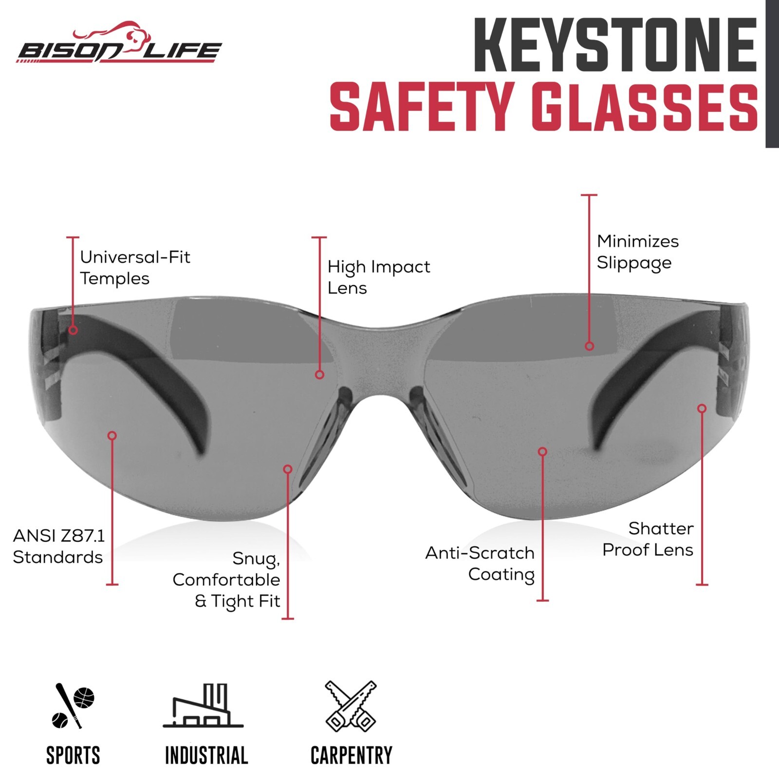 Keystone Full Color Safety Glasses, Fits Adult and Youth (Pack of 12)