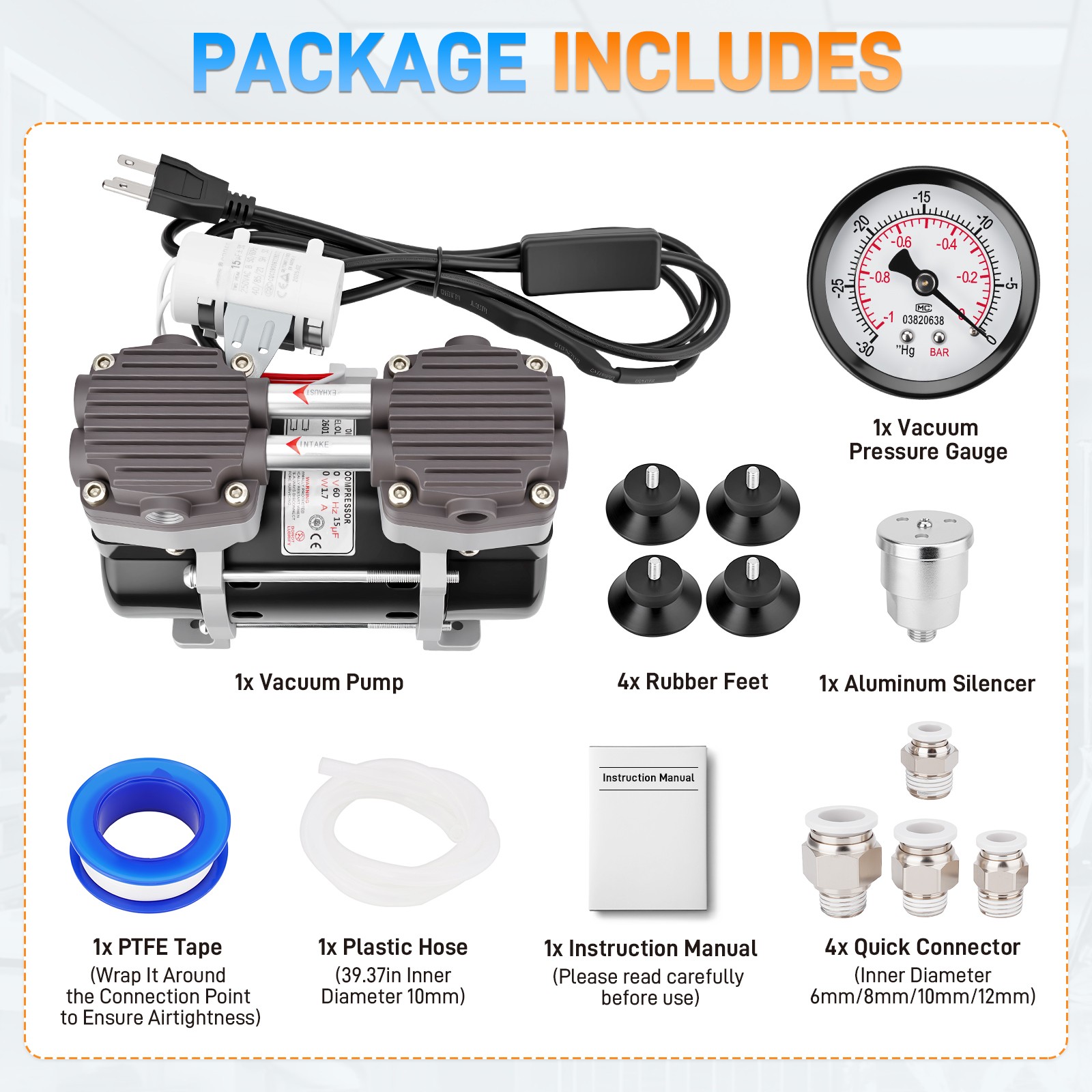 180W 50L/Min Vacuum Pump Lab Vacuum Pump w/ Switch Pressure Gauge Silencer Hose