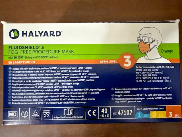 CASE of 400 LEVEL 3 “FOG FREE” Procedure Masks ORANGE Halyard FLUIDSHIELD* 47107