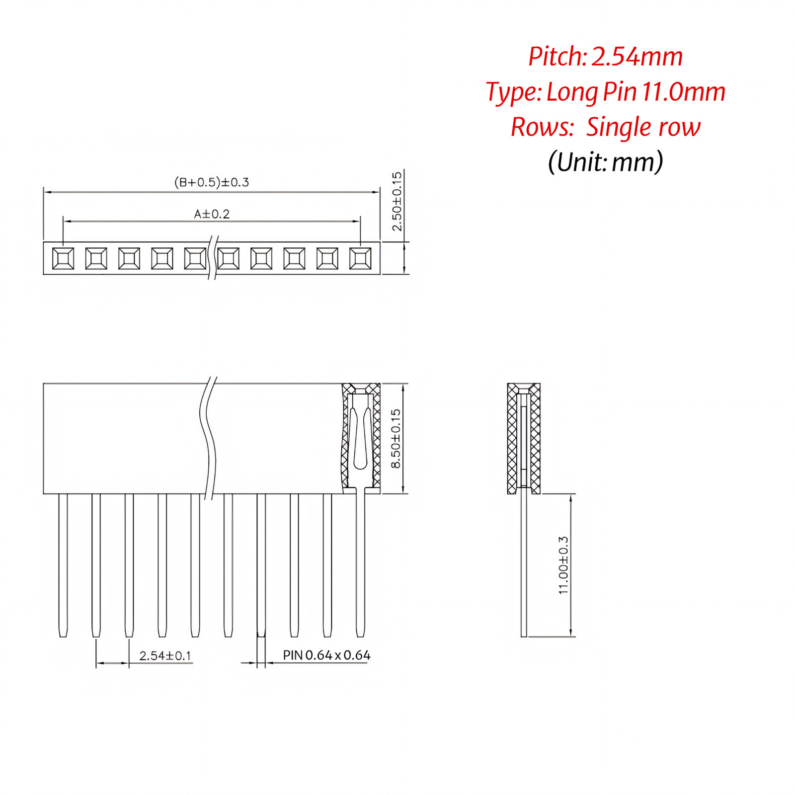 0.1″ PCB Header Vertical Female Socket Connector Single / Double Row Pin 2.54mm