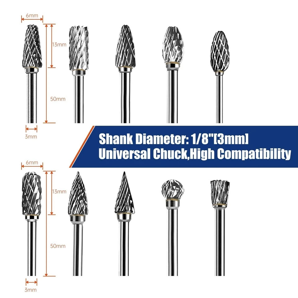 10PCS Carbide Burr Bits Set for Dremel 1/8 Rotary Tool Double Cut Grinding Metal
