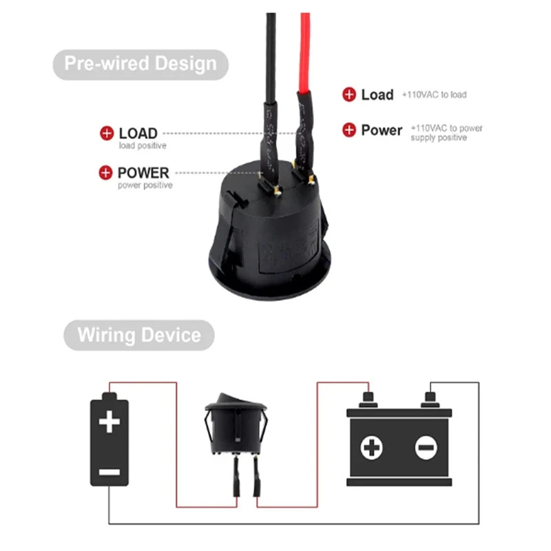 12V Round Rocker Switch SPST On/Off 2-Pin 6A/250V 10A/125V for Car Boat RV Black