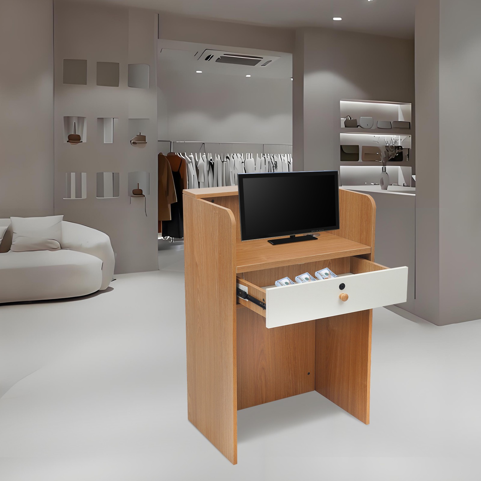 Reception Desk with LED Light, Checkout Counter Reception Desk W/ Storage Drawer