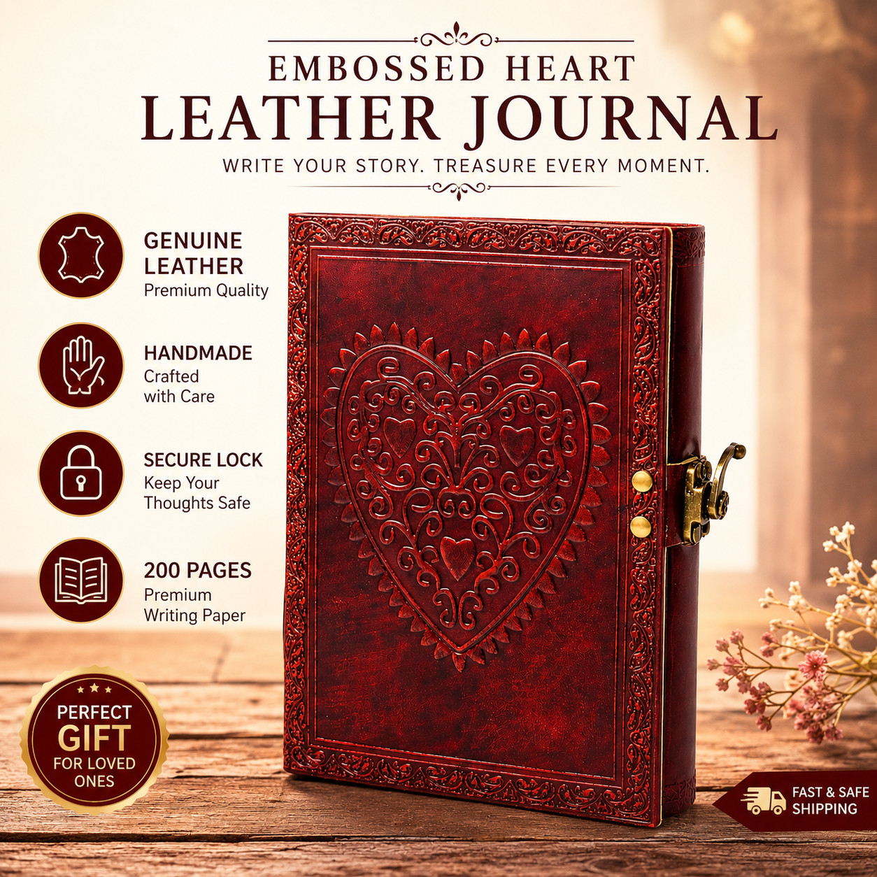 Leather Journal Notebook 8×6 Handmade Vintage Diary with Lock 200 Lined Page