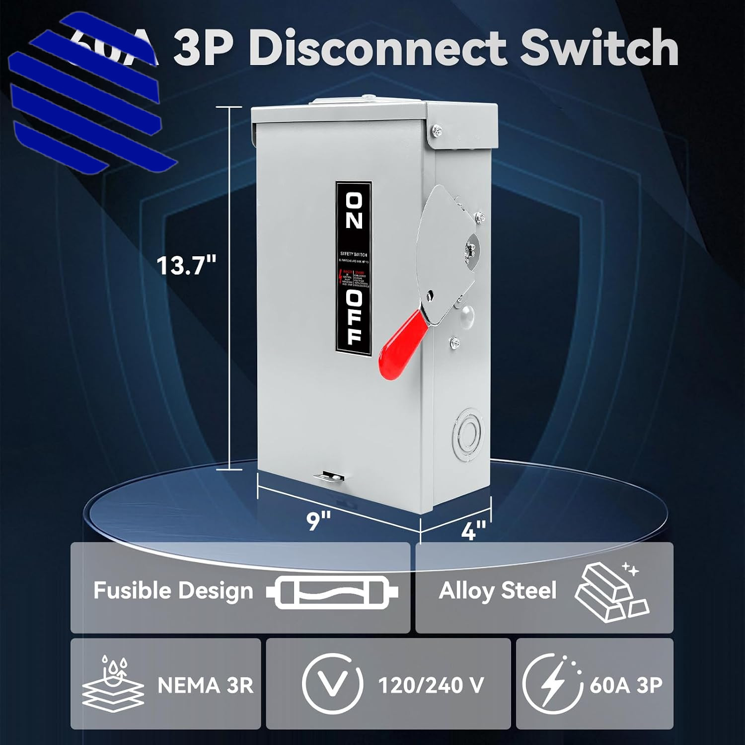 3P 60 Amp Fused Disconnect 3 Phase Disconnect 110/240V Heavy Duty Metal NEW USA