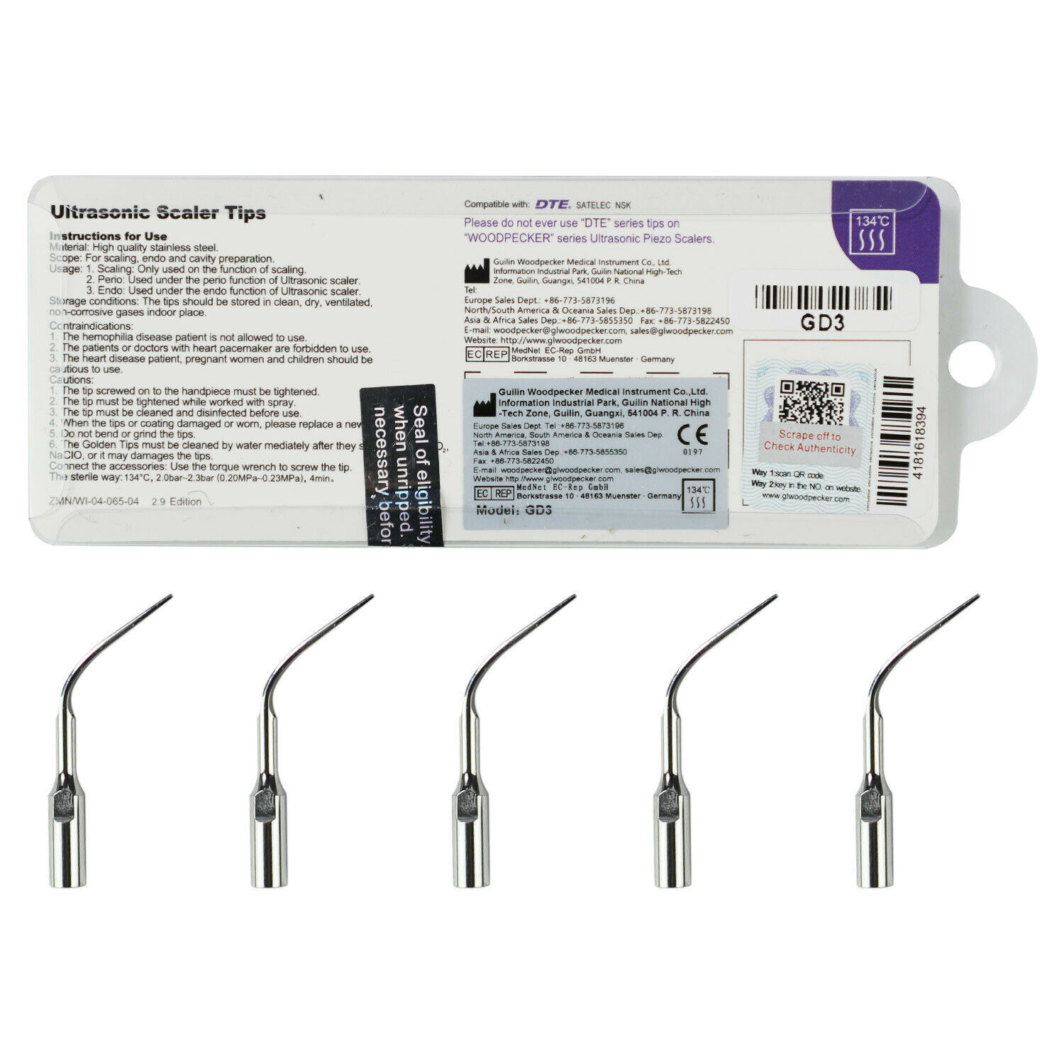 Woodpecker DTE Dental Ultrasonic Scaler Tips Endo Cavity Perio Scaling ED GD PD