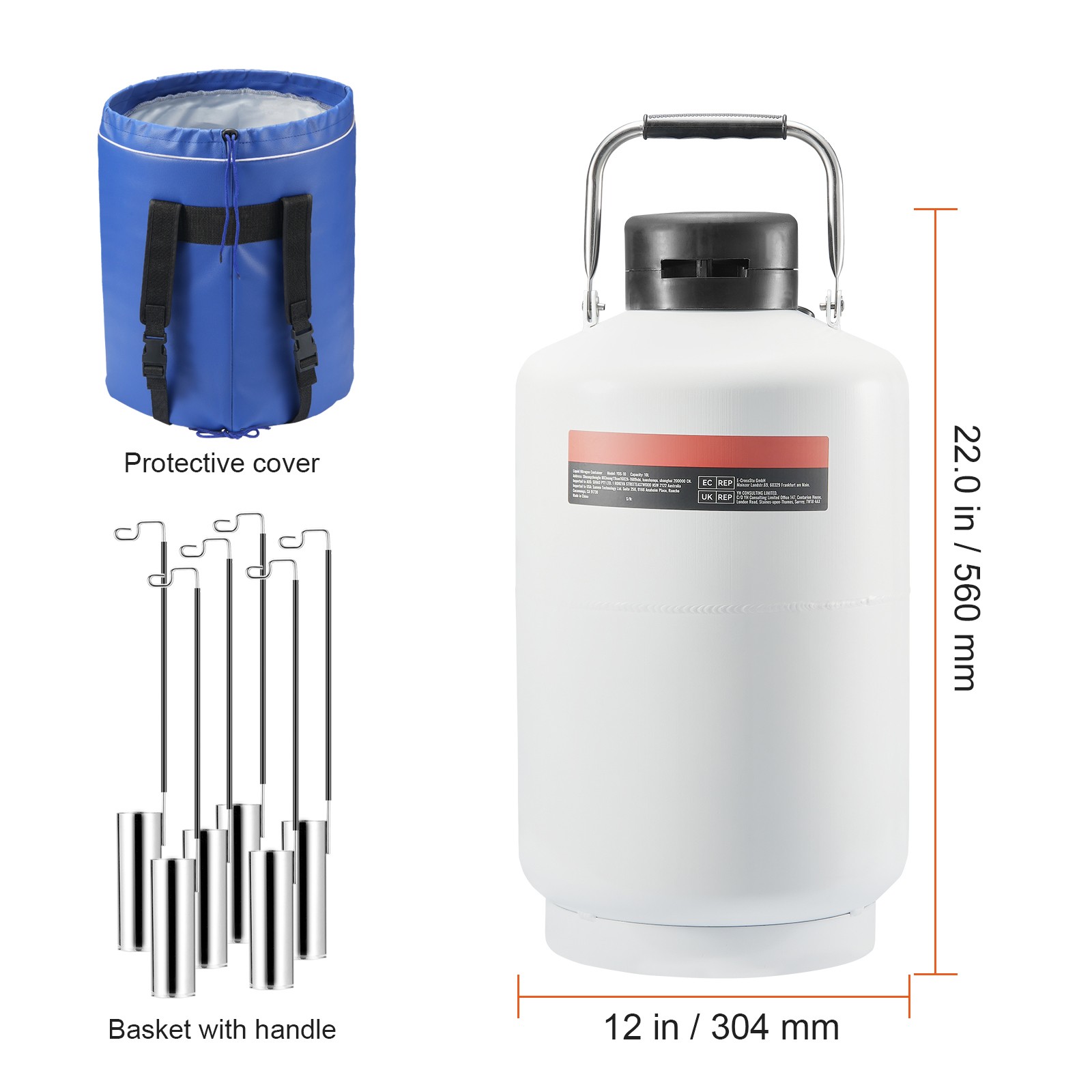 VEVOR Liquid Nitrogen Tank 10 L Aluminum Alloy LN2 Container Dewar 6 Canisters