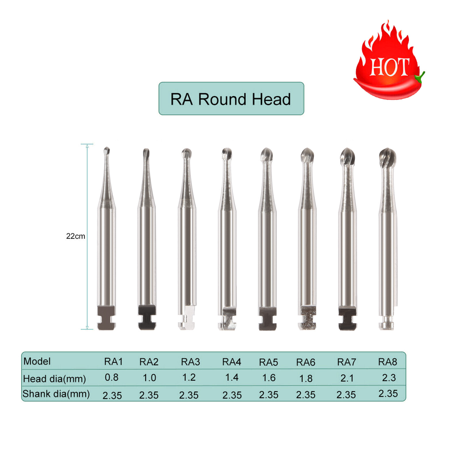 1-10 Dental Round Carbide Burs For Slow Speed Contra Angle Latch Type RA #1-8
