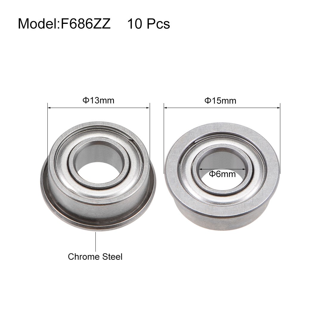F686ZZ Flange Ball Bearing 6mm ID 13mm OD 5mm Thick Double Shielded 10Pcs