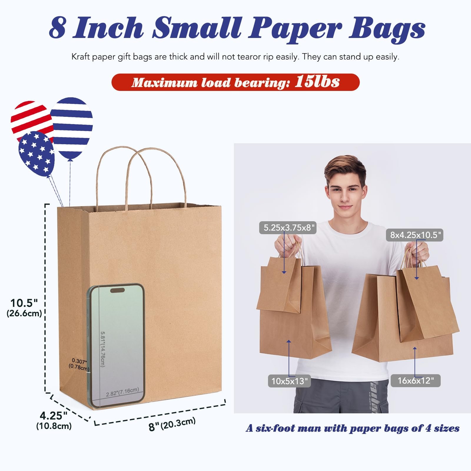 GSSUSA 100 Pack Brown Paper Bags with Handles, 8 1 count (Pack of 100),