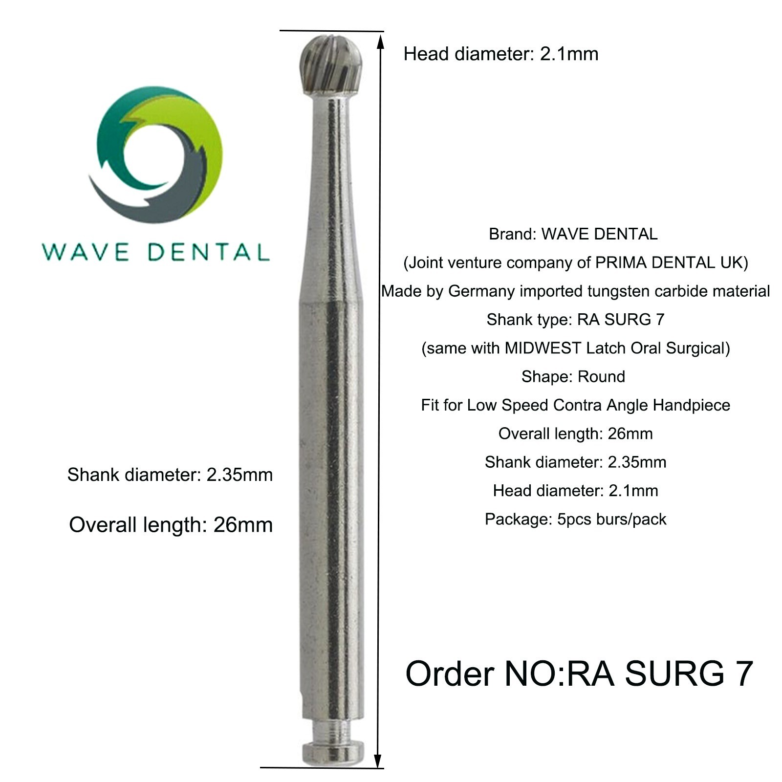Wave Dental Burs Carbide Surgical Round Latch 26/34mm RA Slow Speed Contra Angle