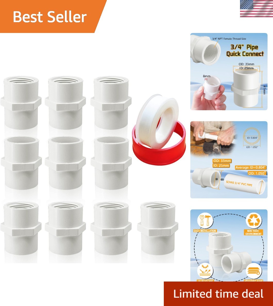 Versatile 10-Pack of 3/4» PVC Threaded Pipe Couplings – High-Quality Material