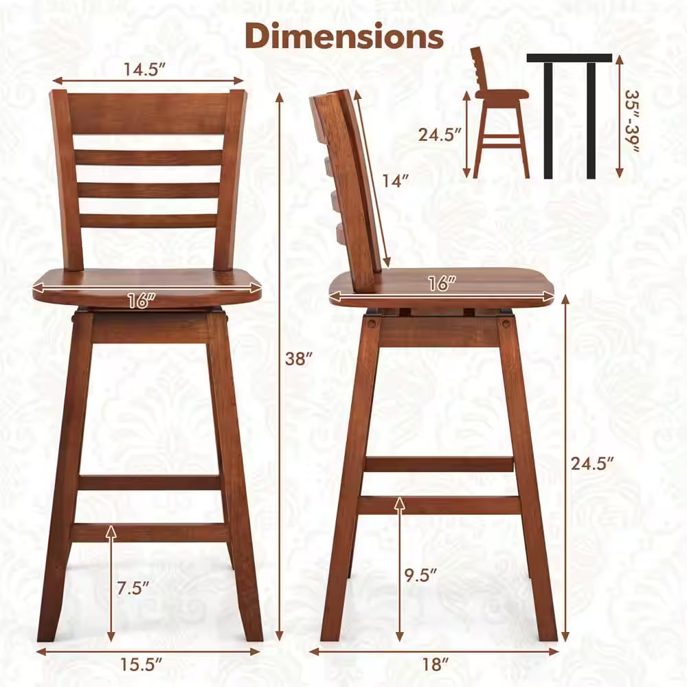 24.5 In. Brown Wood Swivel Bar Stools with Hollow Backrest (Set of 2)