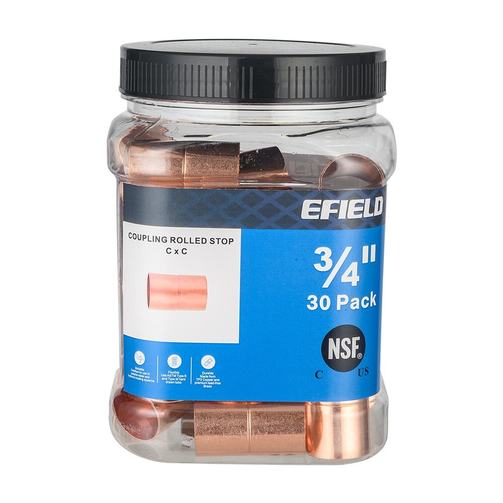 30 PCS EFIELD 3/4″ C X C Copper Coupling With Rolled Stop, Lead Free, Pro Pack