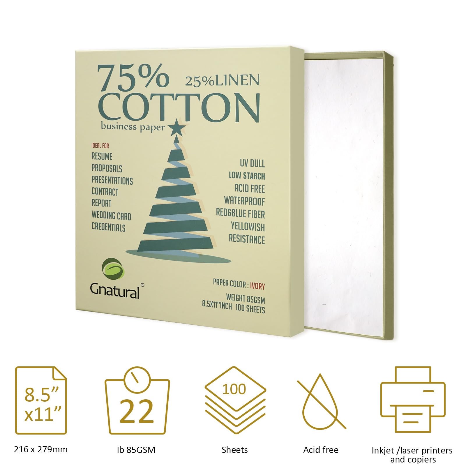 75% Cotton 25% Linen Business Paper, Ivory 85gsm 8.5″W x 11″L 85 GSM,