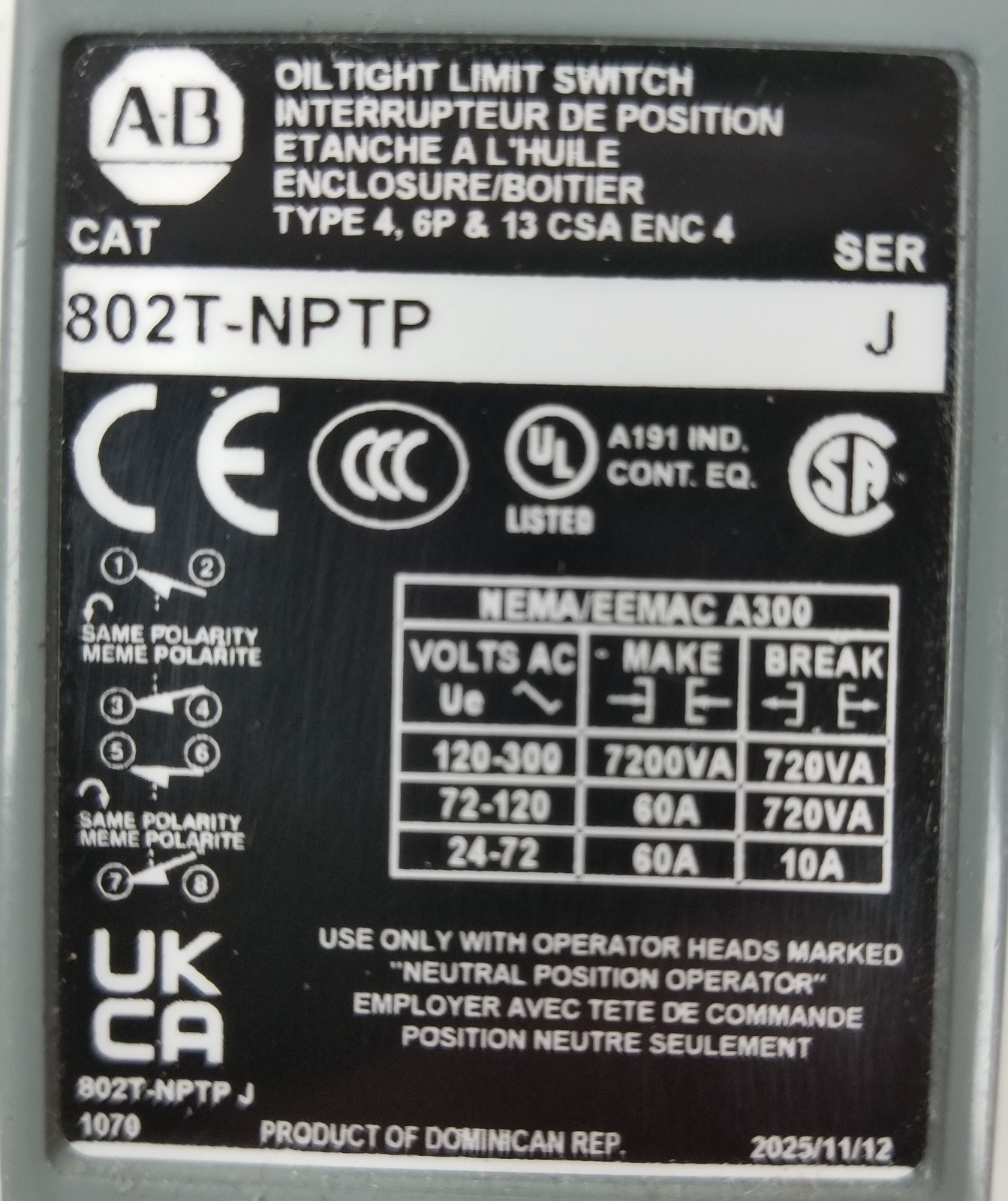 Allen-Bradley 802T-NPTP Limit Switch Oil Tight 4-Circuit 2NO/2NC 1/2″ NPT NEW