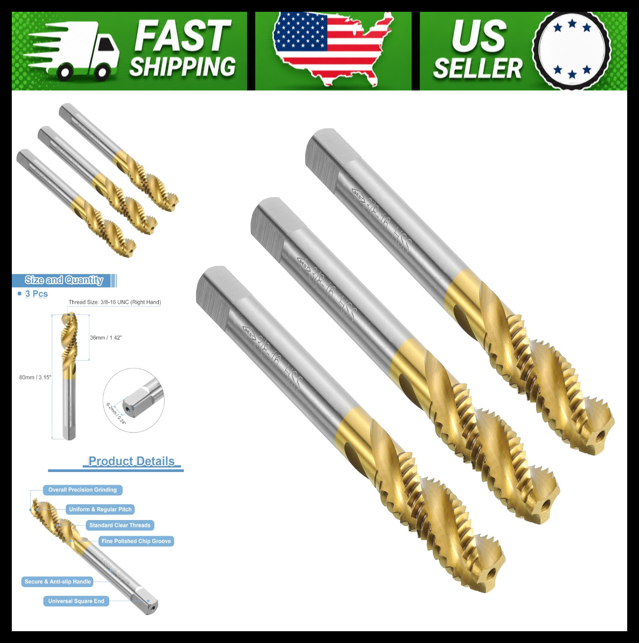 uxcell 3pc Spiral Flute Thread Taps 3/8-16 UNC Titanium Coated HSS