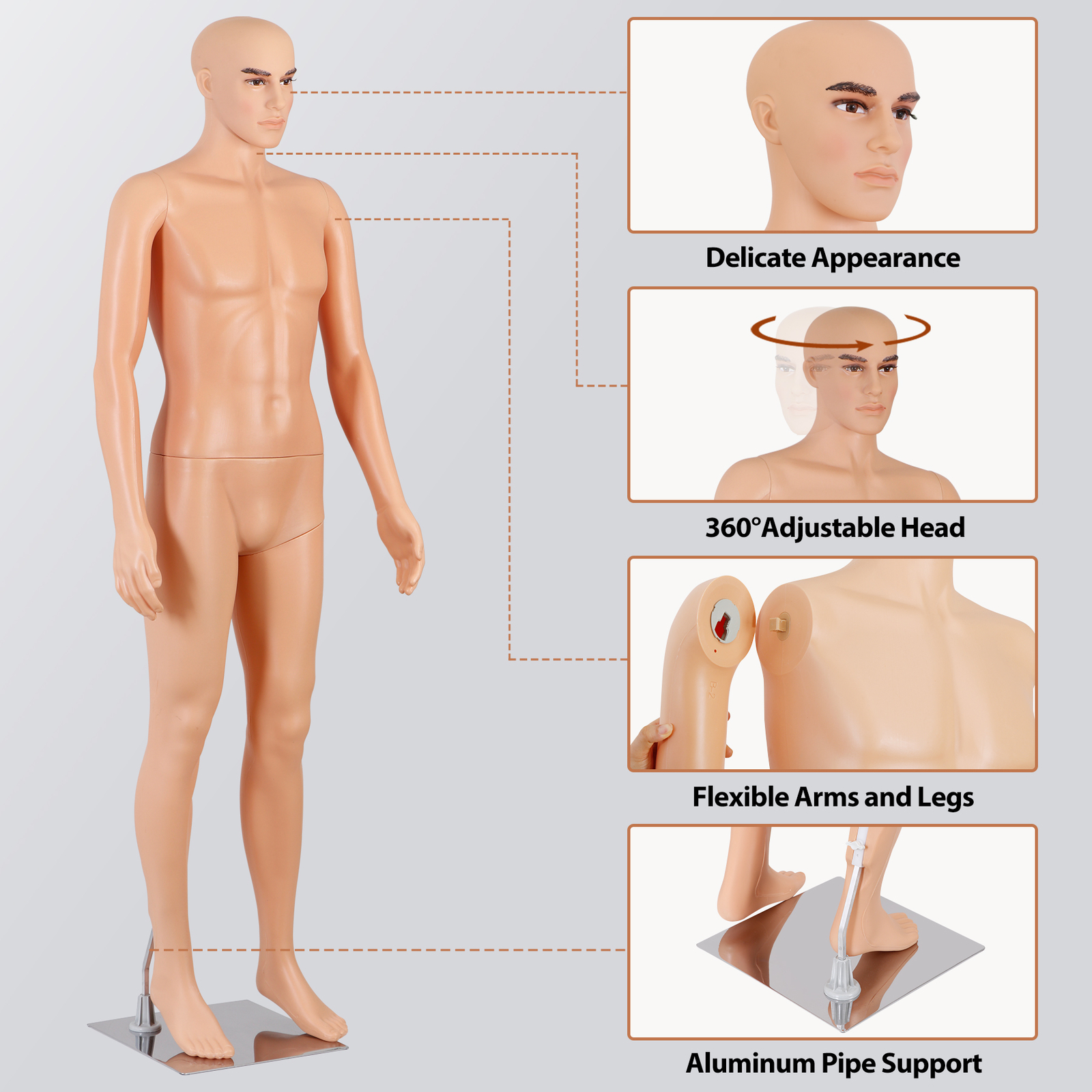 Adjustable Male Mannequin Egghead Plastic Full Body Dress Form Display Base 72″