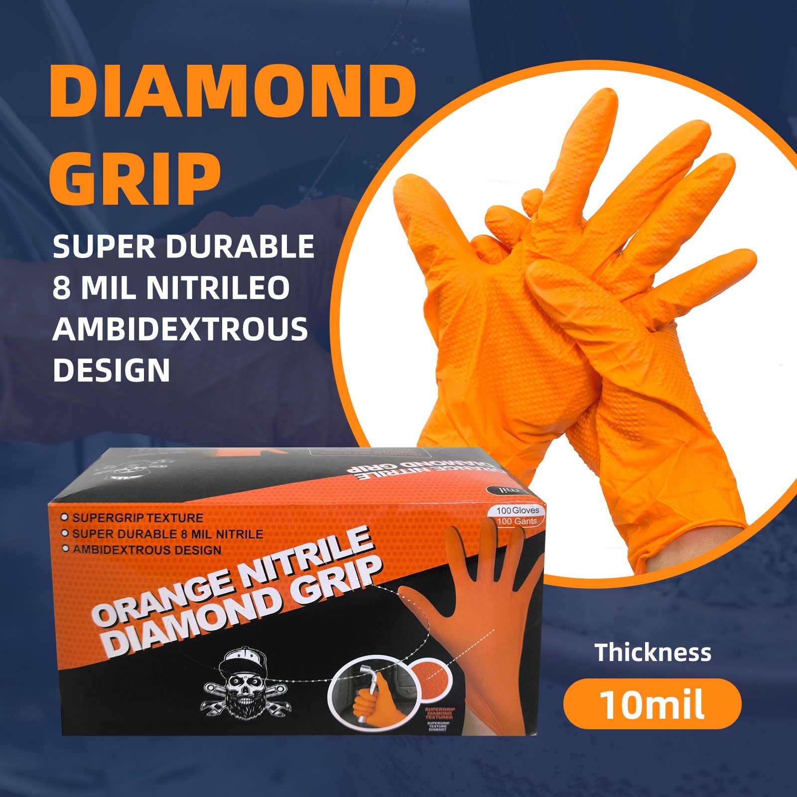 8 Mil Diamond Grip Nitrile Gloves Orange 100pc Raised Diamond Texture Industrial