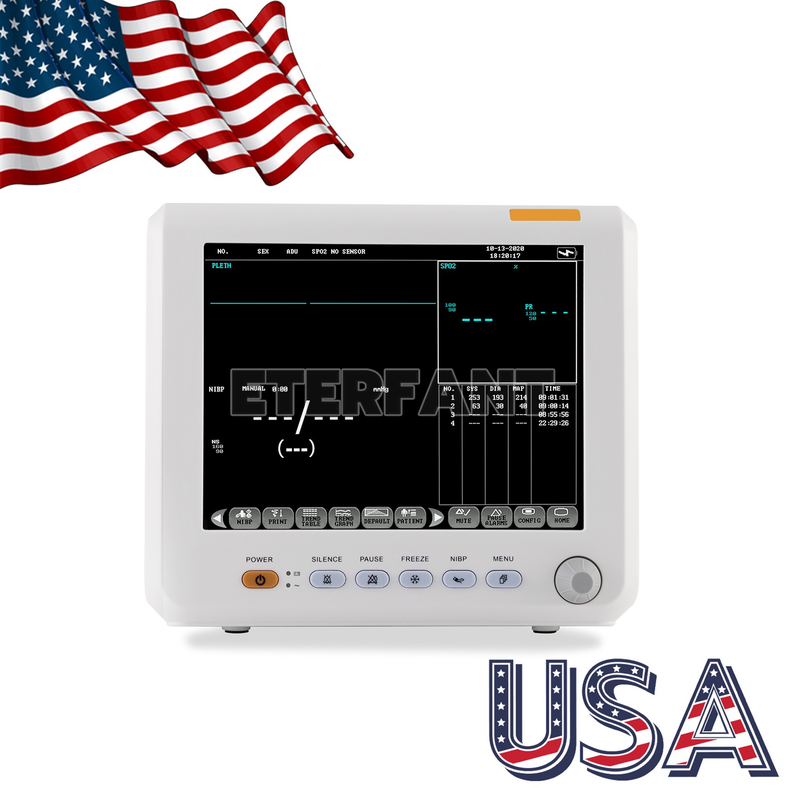 ETERFANT 8″ Patient Monitor ICU CCU Vital Signs Machine NIBP, SPO2, PR,TEMP