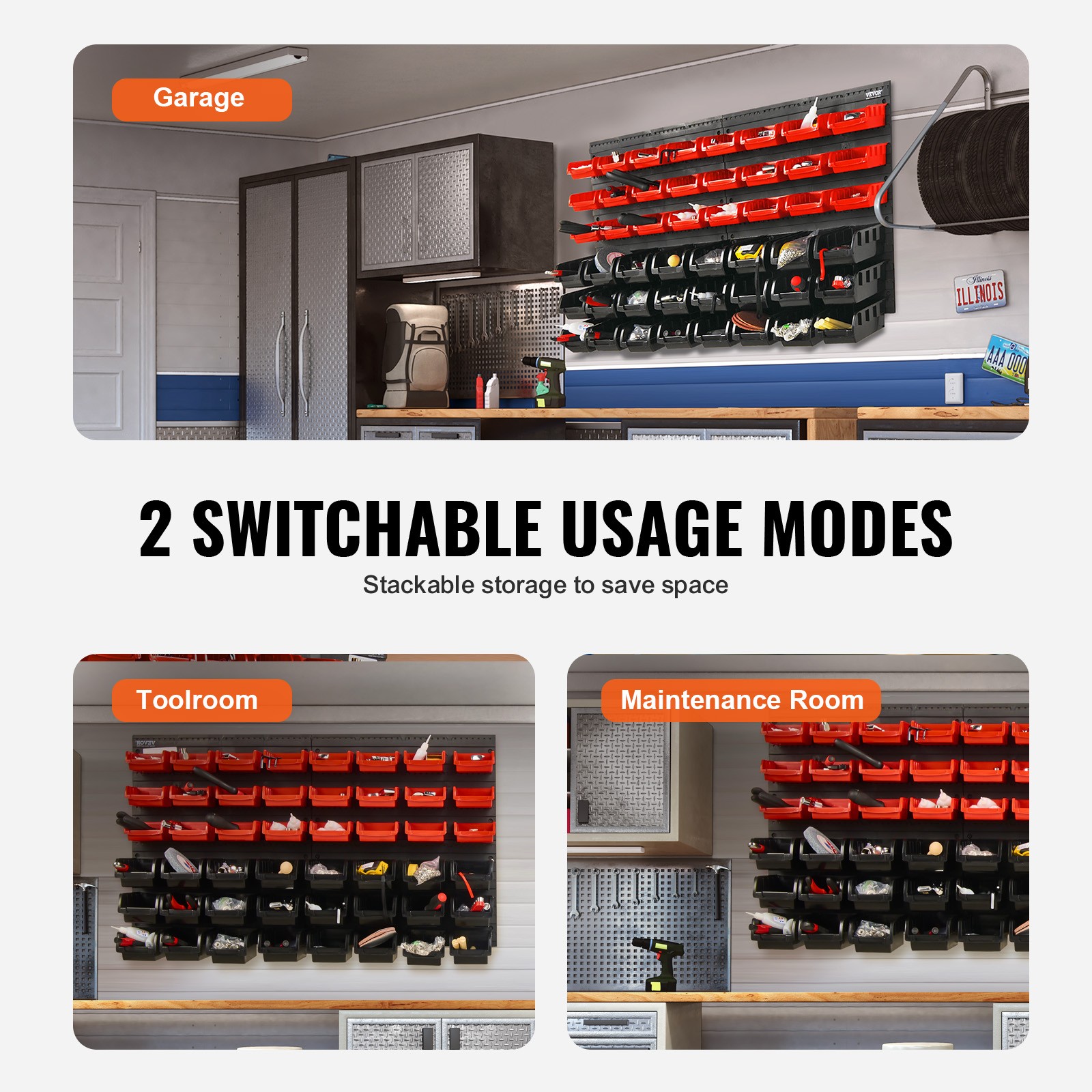 VEVOR Wall Mounted Storage Bins Small Parts Organizer Garage Tool Rack 48 Bins