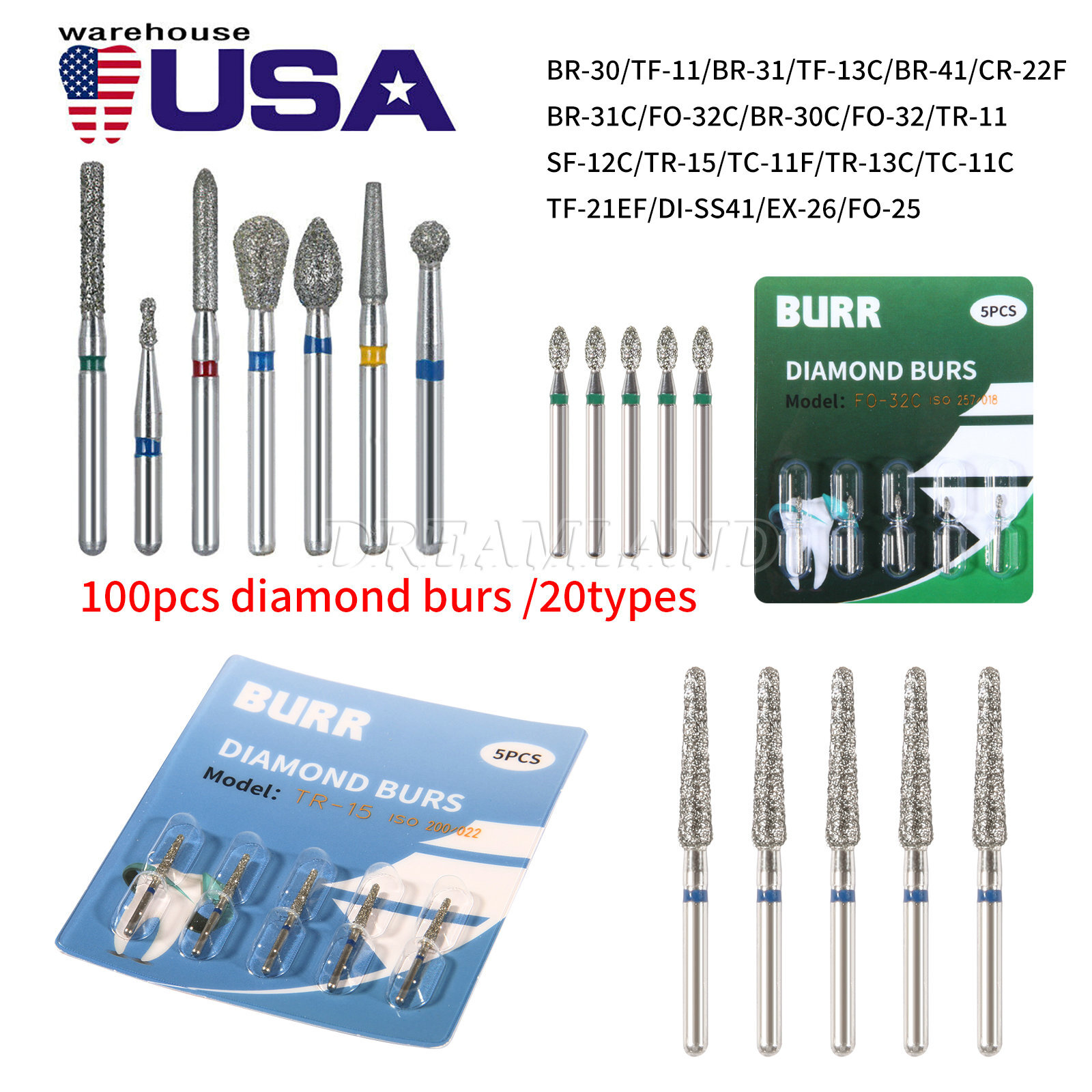 100* Dental Dentist Diamond Bur Bits Drill FG 1.6mm 20 Types Hot Burr Bohrer CJ