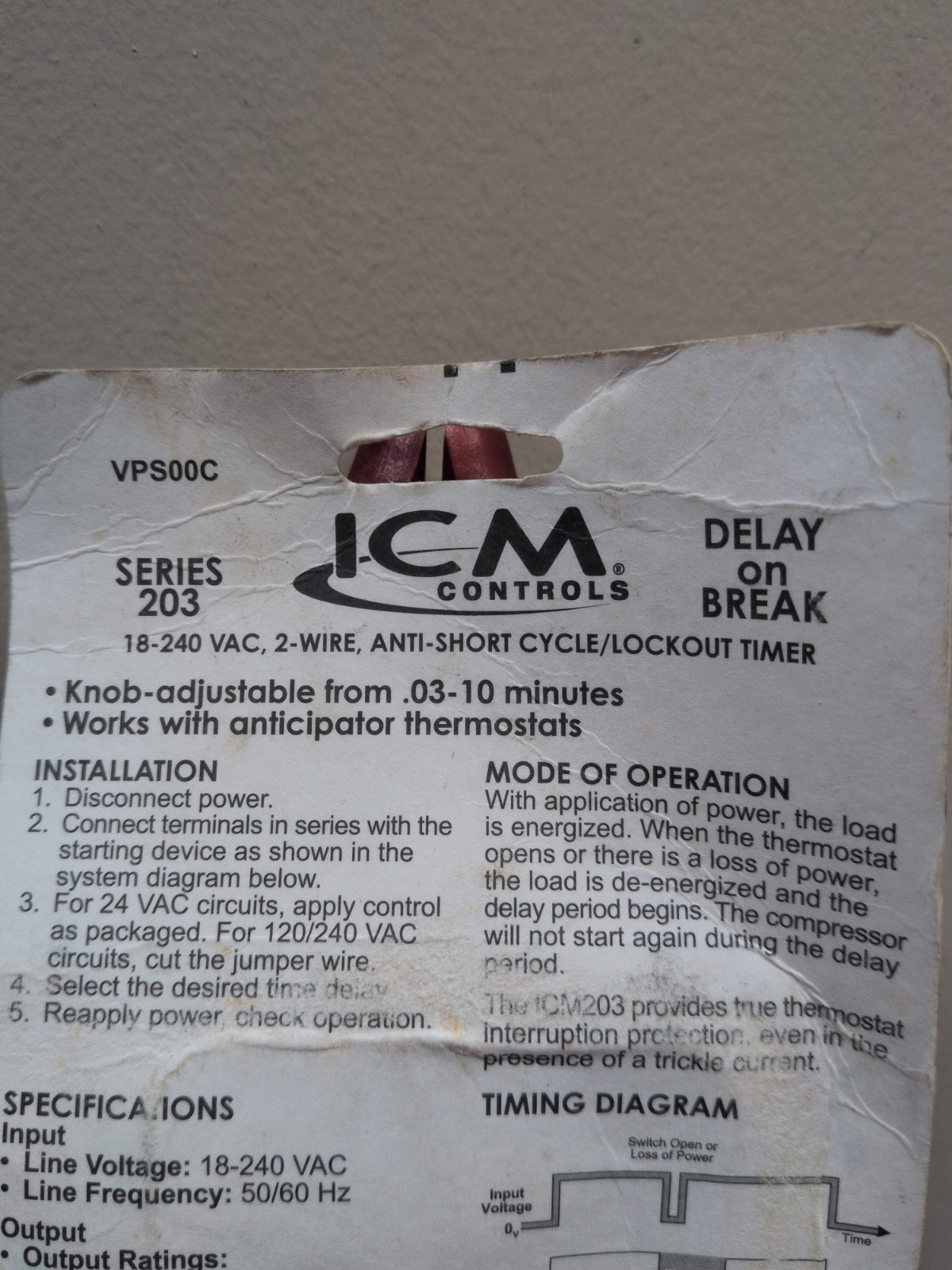 ICM Control ICM203B Delay on Break Timer .03-10 Minute Adjustable 18-240 VAC NOS