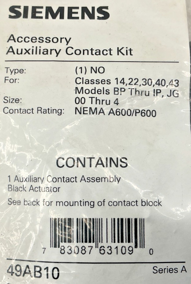 New Siemens 49AB10 Auxiliary Contact Assembly Actuator Type: 1NO Size: 00 Thru 4