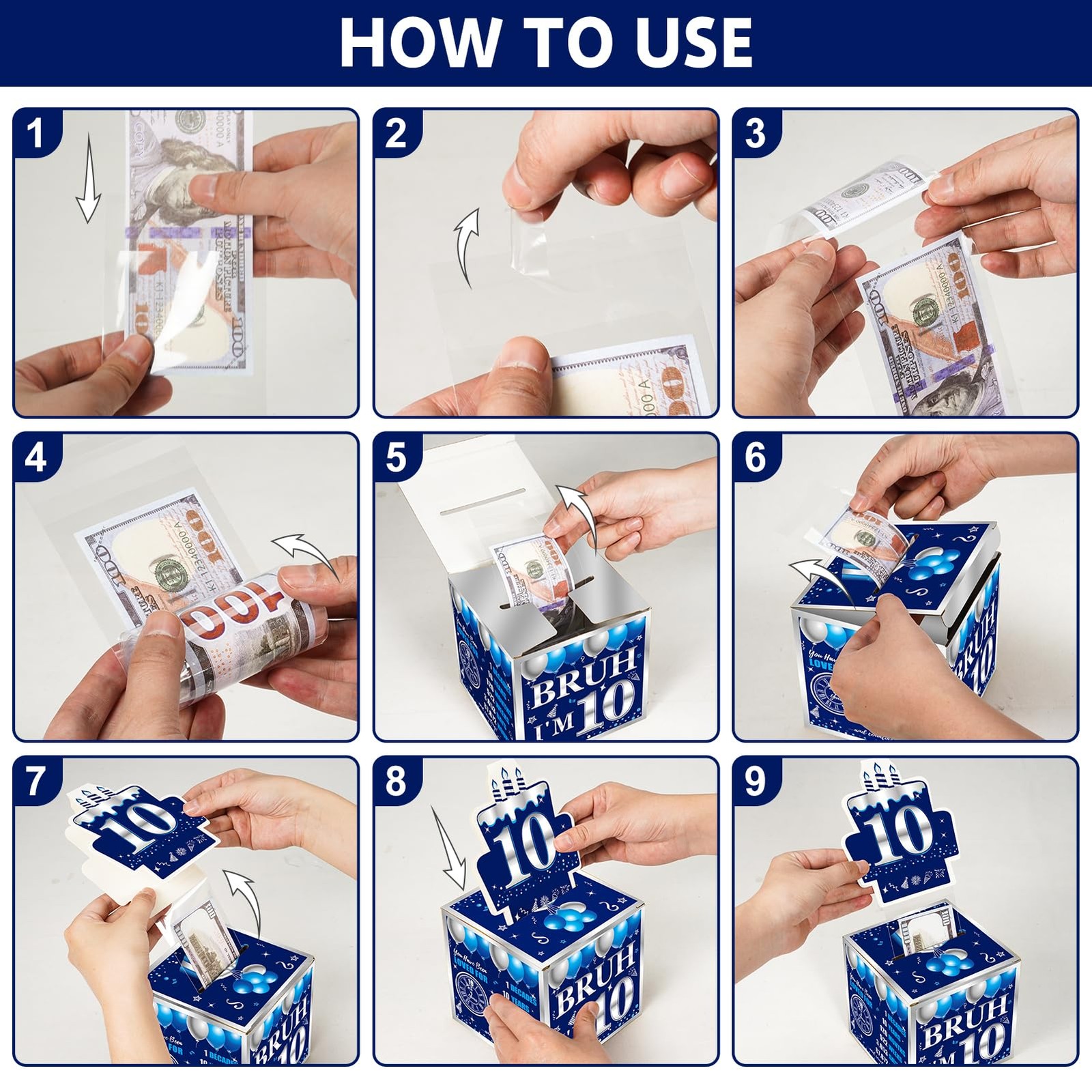 1 Set Happy 10th Birthday Blue Silver PullOut Money Cash Gift Box Party
