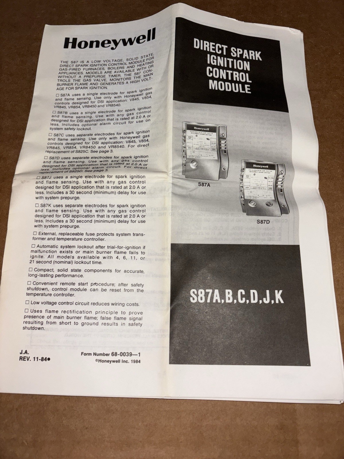 S87B 1024 / Honeywell Direct Spark IGNITION CONTROL MODULE, 21 SEC. LOCKOUT, NOS