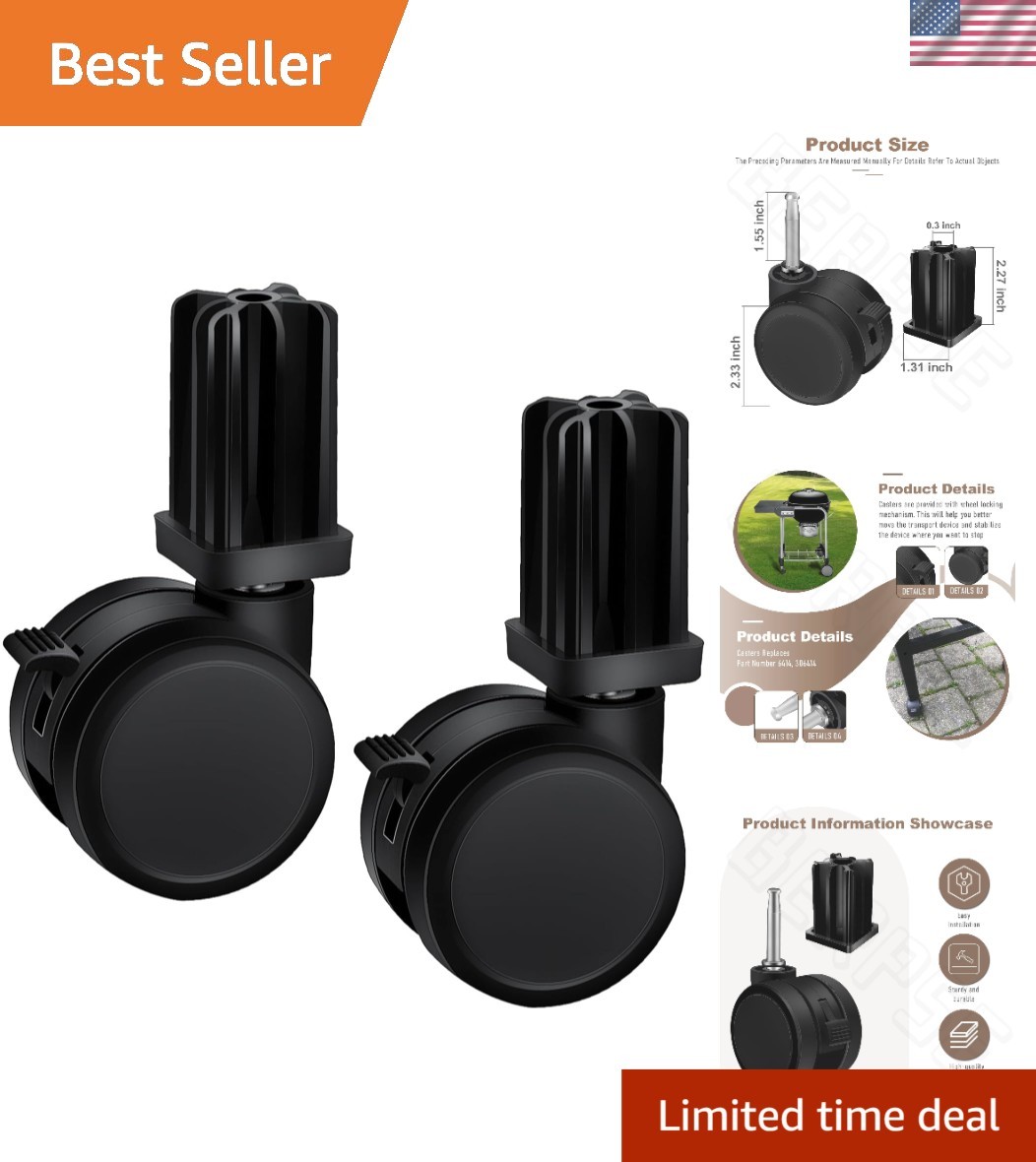 Multi-Surface Gas Grill Caster Wheels with Locking Feature – Fits Weber Models