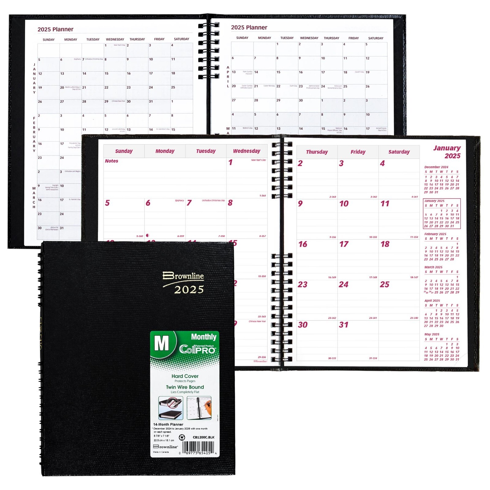 2025 Brownline CB1200C.BLK Monthly Planner, CoilPRO, Hard Cover, 8-7/8 x 7-1/8″