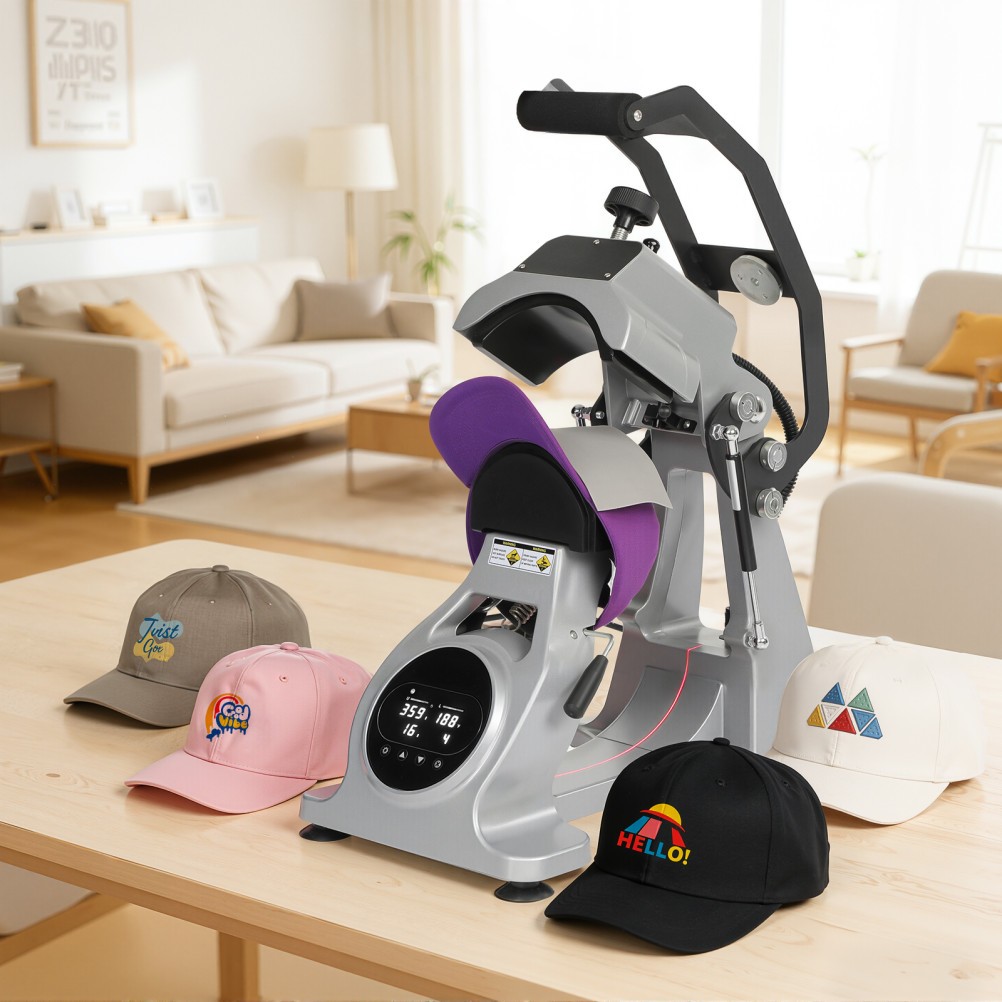 Dual Heater Hat Heat Press Semi-Auto Open Printing Cap Machine w/Laser Alignment