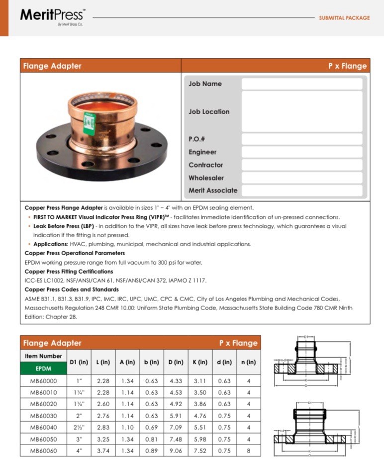 3” Merit Brass Propress 4 Bolt Copper Pipe Press 150# Companion Flange MB60050
