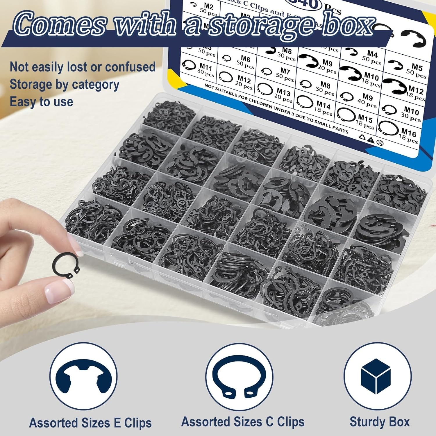 840Pcs C Clips & E Clips Assortment Set, M5-M16, 24 Sizes Snap Rings Kit, Steel