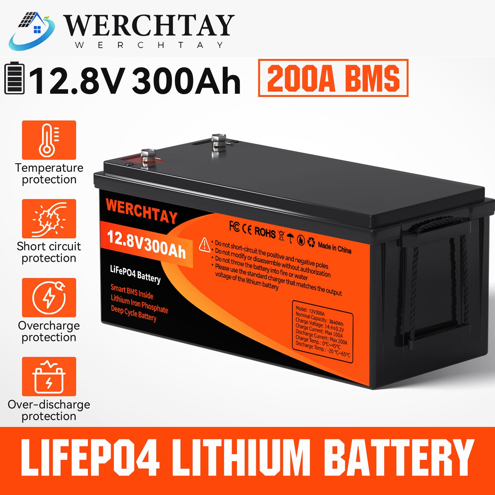 WERCHTAY 12V 300Ah LiFePO4 Battery Deep Cycles 3840Wh 200A BMS for RV Solar Boat