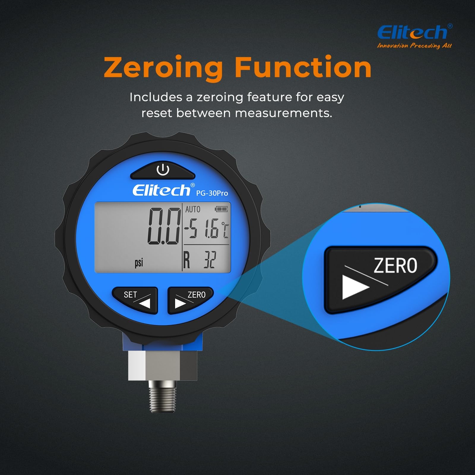 Elitech PG-30Pro Blue Refrigeration HVAC Digital Pressure Gauge