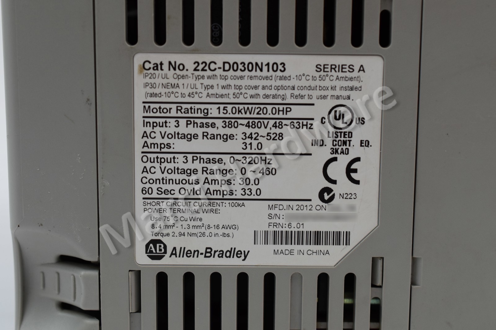Allen Bradley 22C-D030N103 /A PowerFlex 400 480VAC 3-Phase 30A Fan & Pump Drive