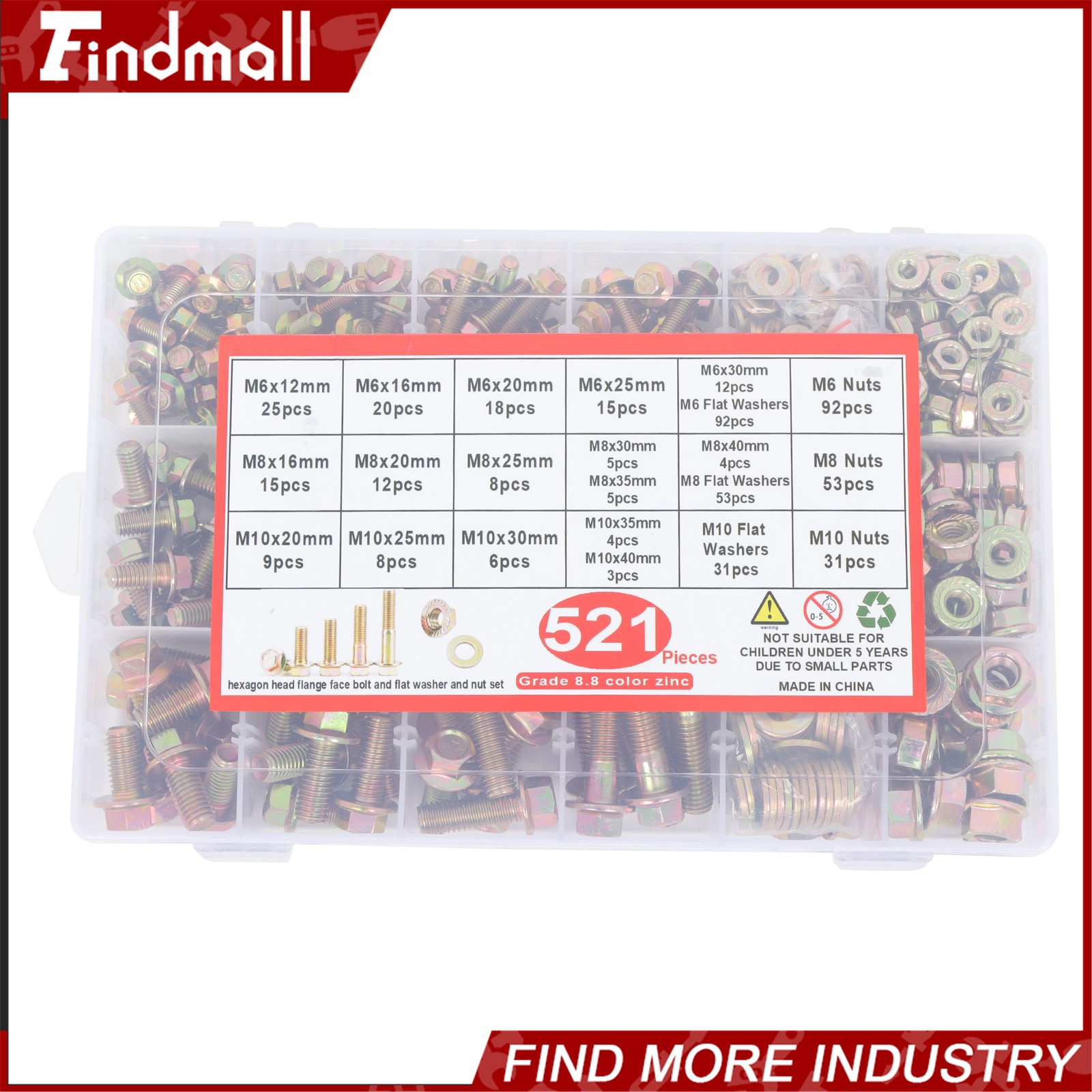 521 x M10 M8 M6 Flange Bolts Assortment Kit 8.8 Grade Alloy Steel for Industrial