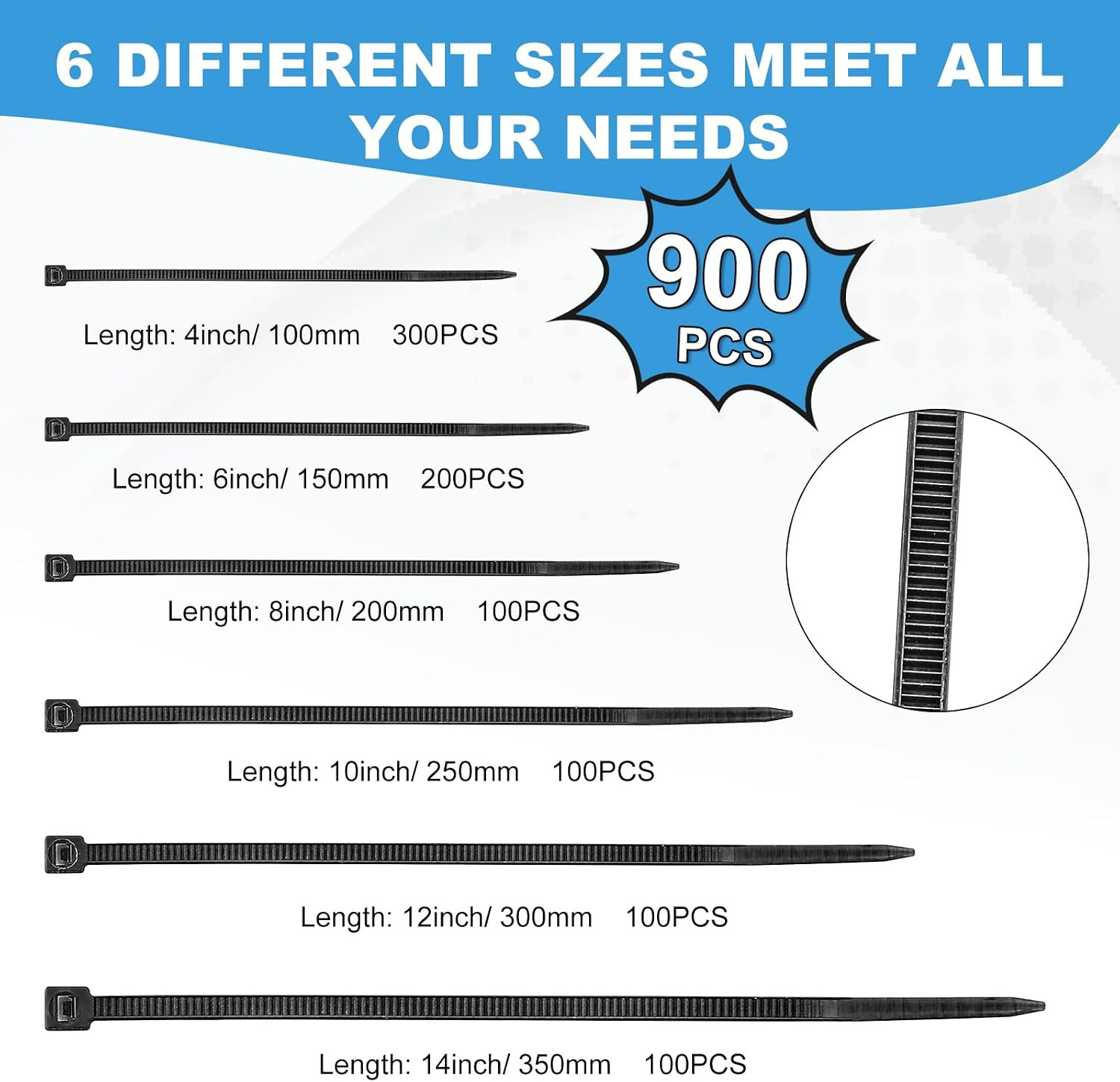 Zip Ties Assorted Sizes(14+12+10+8+6+4 Inch), 900 Pcs Black Zip Ties for Home, O