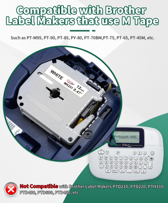 4pk Label Maker Tape 12mm 0.47 Compatible w/ Brother M-K231s P-Touch BLACK WHITE