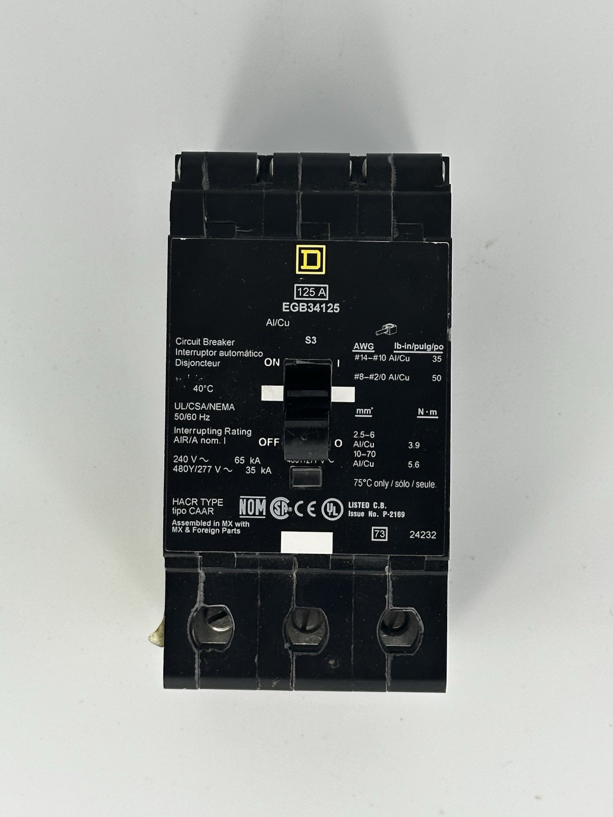 Square D EGB34125 125 Amp 3 Pole 480Y/277V 35kA Molded Case Circuit Breaker NEW