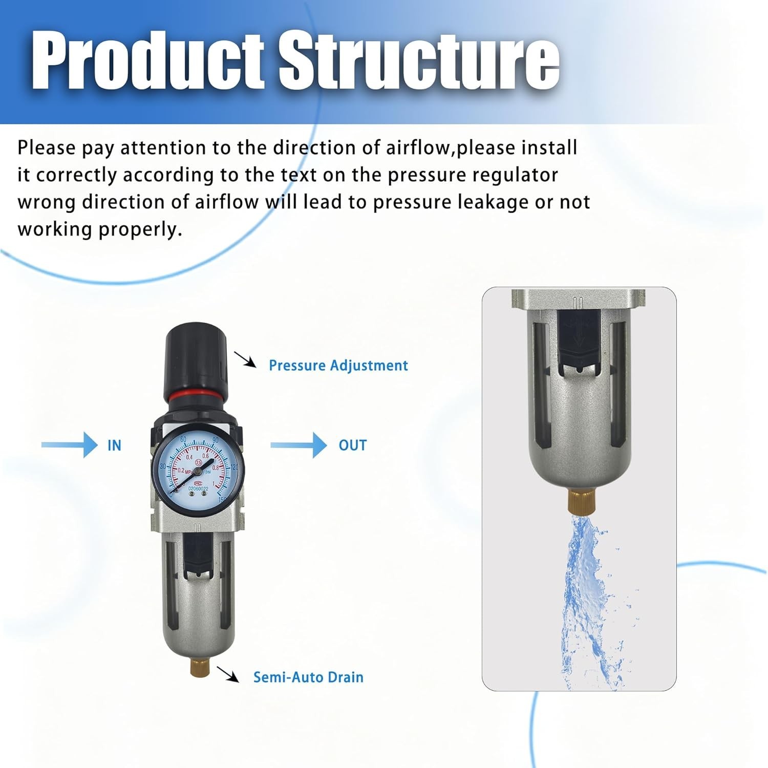 3/8″ NPT Compressed Air Filter Regulator Combo with Semi-Auto Drain 0-150 PSI