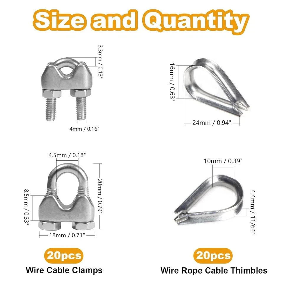 20Pcs 1/8” M3 Wire Rope Clamps 20Pcs M3 Wire Rope Thimble, 304 Stainless Steel