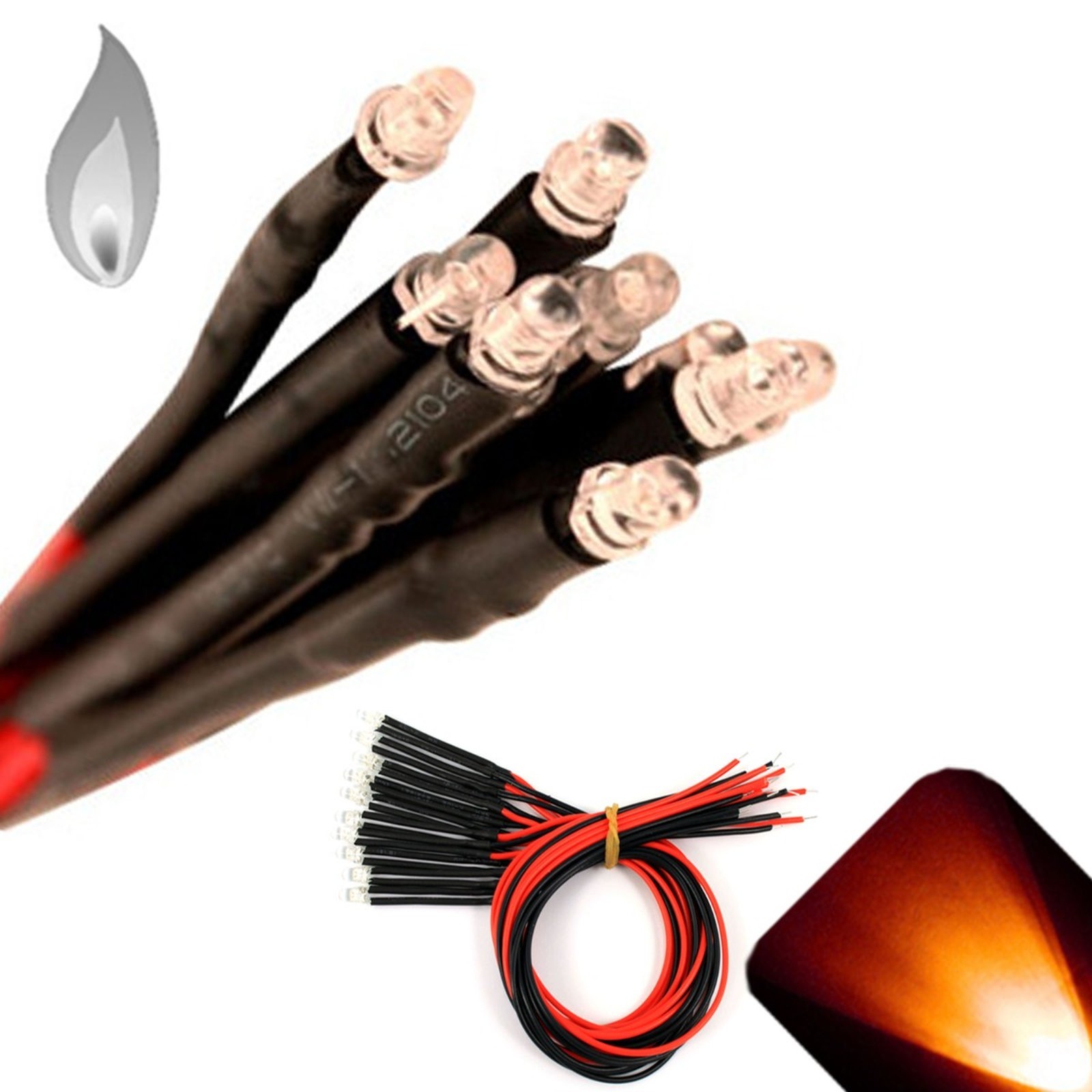 5 x 12v 3mm Pre Wired Flickering Orange LED Candle Flicker Prewired