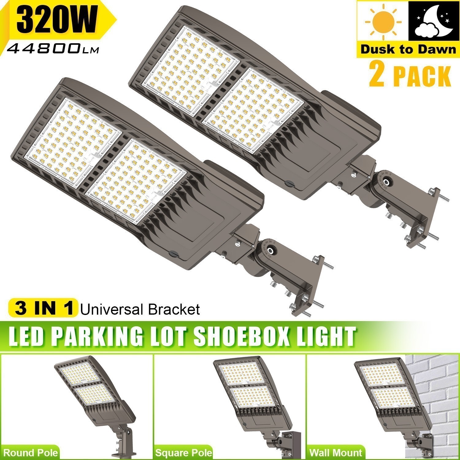 2Pack 3 IN1 320W Commercial LED Area Street Pole Lighting Outdoor Shoebox Light
