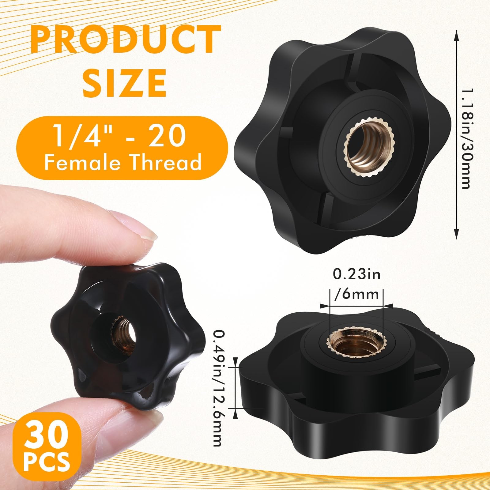 Zhengmy 30 Pcs Female Threaded Knob Black Plastic Head Thru Star Nuts Clamping